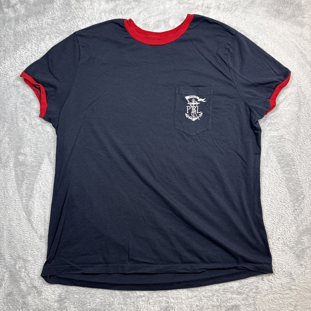 Vintage‎ Polo Ralph Lauren Anchor Pocket Ringer Shirt Men XL Blue Embroidered